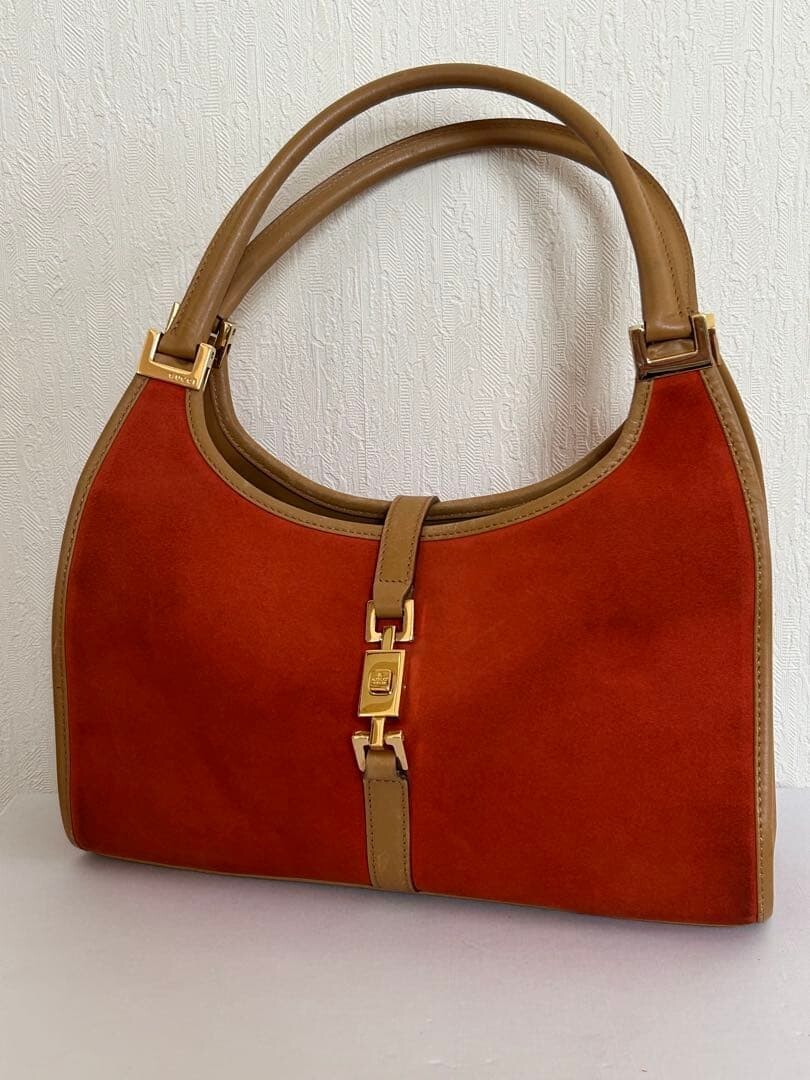GUCCI Jackie Handbag Suede Leather Orange Beige Vintage Authentic From Japan