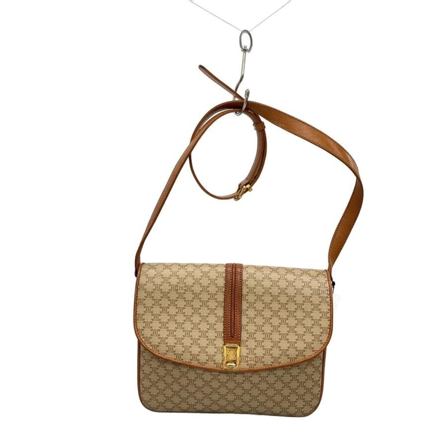 CELINE Macadam Pattern Shoulder Bag PVC Beige Womens Divider Crossbody