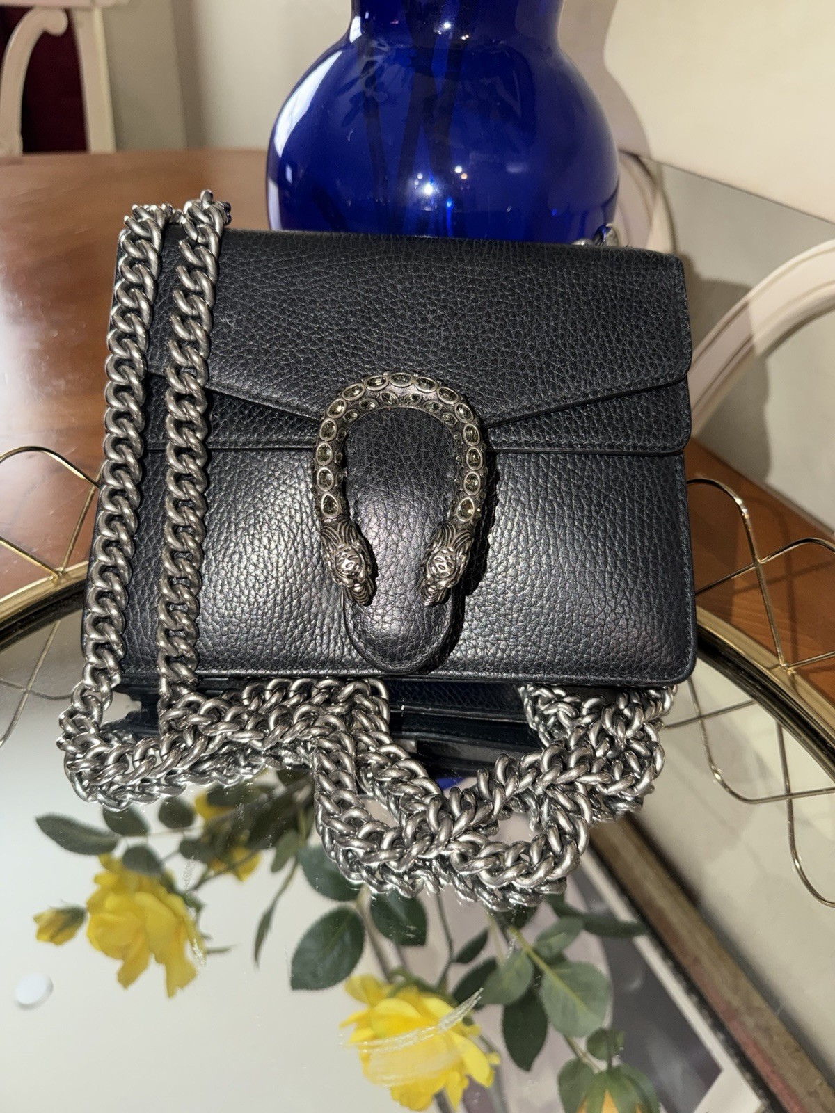 Gucci Dionysus Black Small Shoulder Bag Pebbled Finish Chain Strap Silver