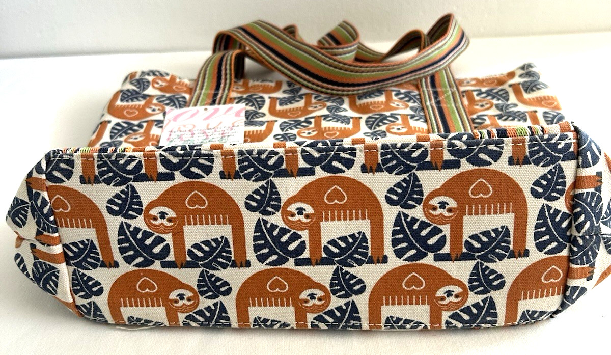 Bungalow 360 Bag Sloth Print Cotton Canvas Tote Purse Blue Orange Cream Pockets