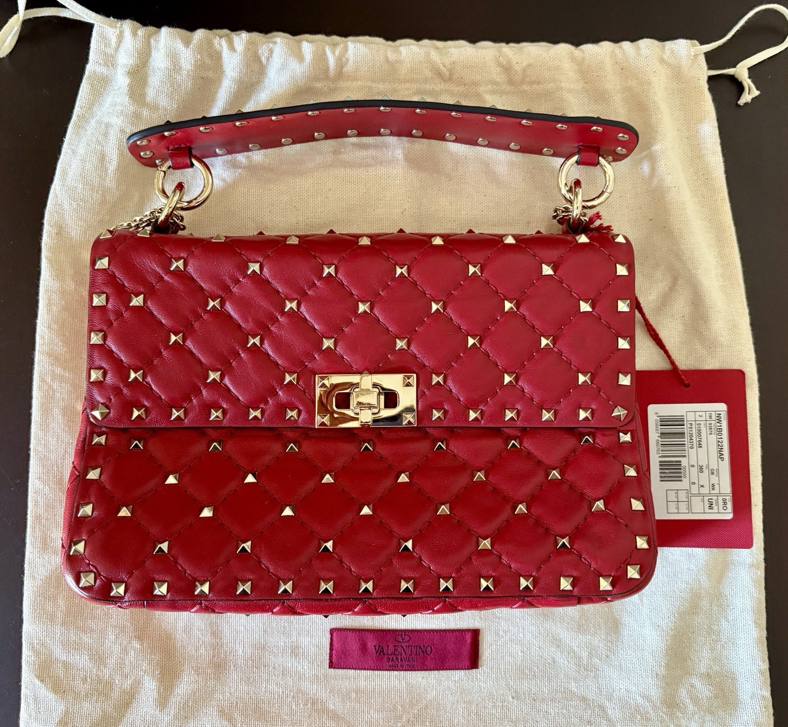 NWT VALENTINO Garavani Med Rockstud Spike Quilt Nappa Leather Shoulder Bag Red❤️