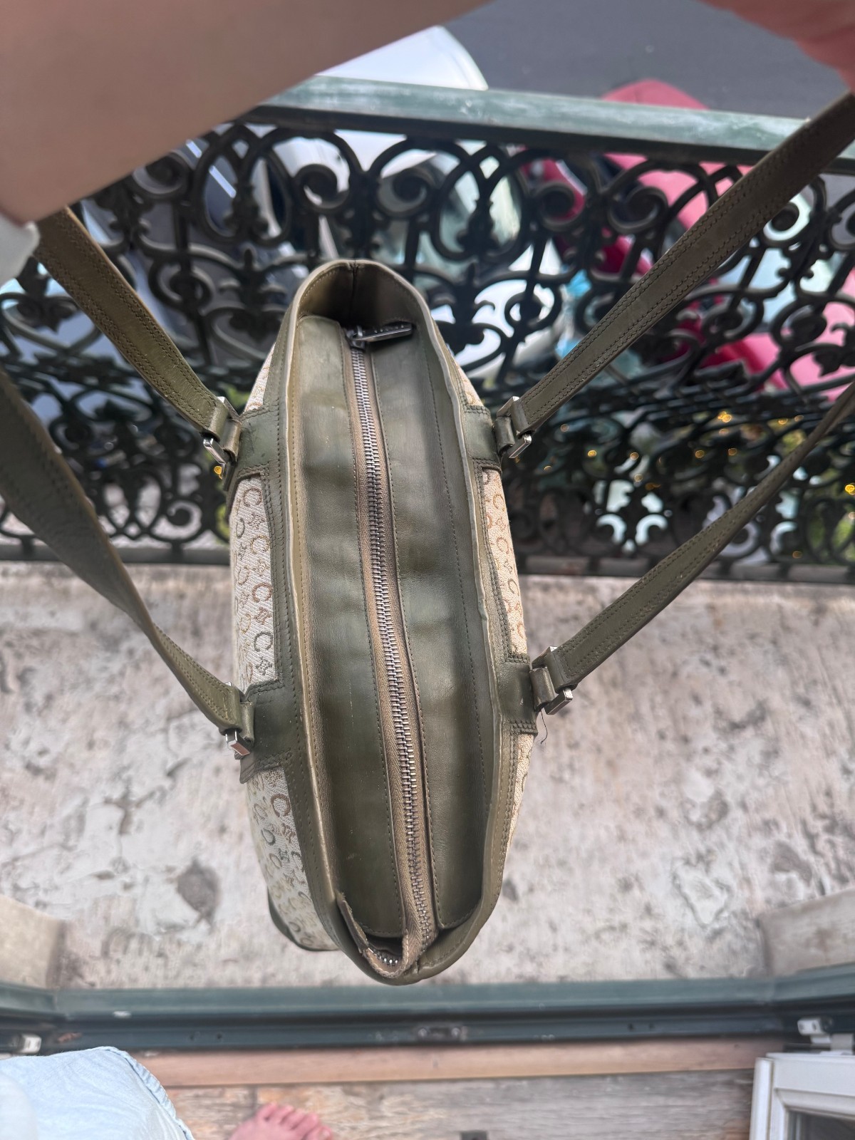 CELINE Macadam Tote Leather Canvas C logo Y2K Handbag Shoulder Bag Green Beige