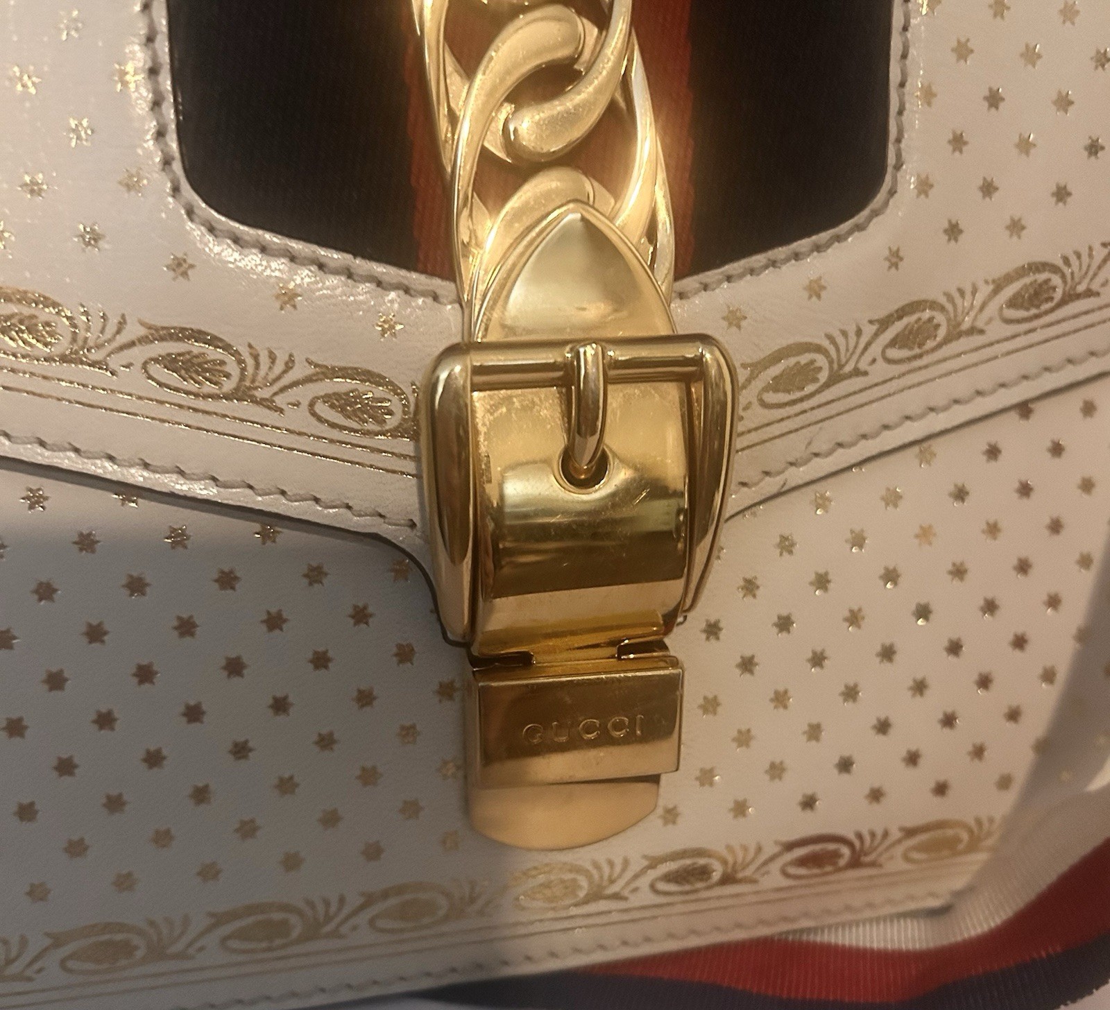 Gucci Sylvie Authentic- Small White stars- web ribbon and leather straps