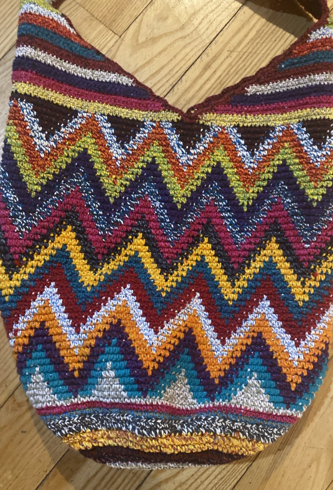 Guatemalan Crochet Bucket Bag Multicolor Zig Zag Pattern Boho Festival Hippie