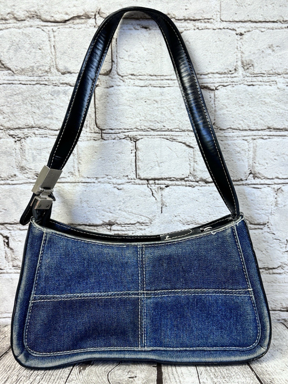 Patchwork Denim Shoulder Bag Jean Purse Black Faux Leather Strap 2000s
