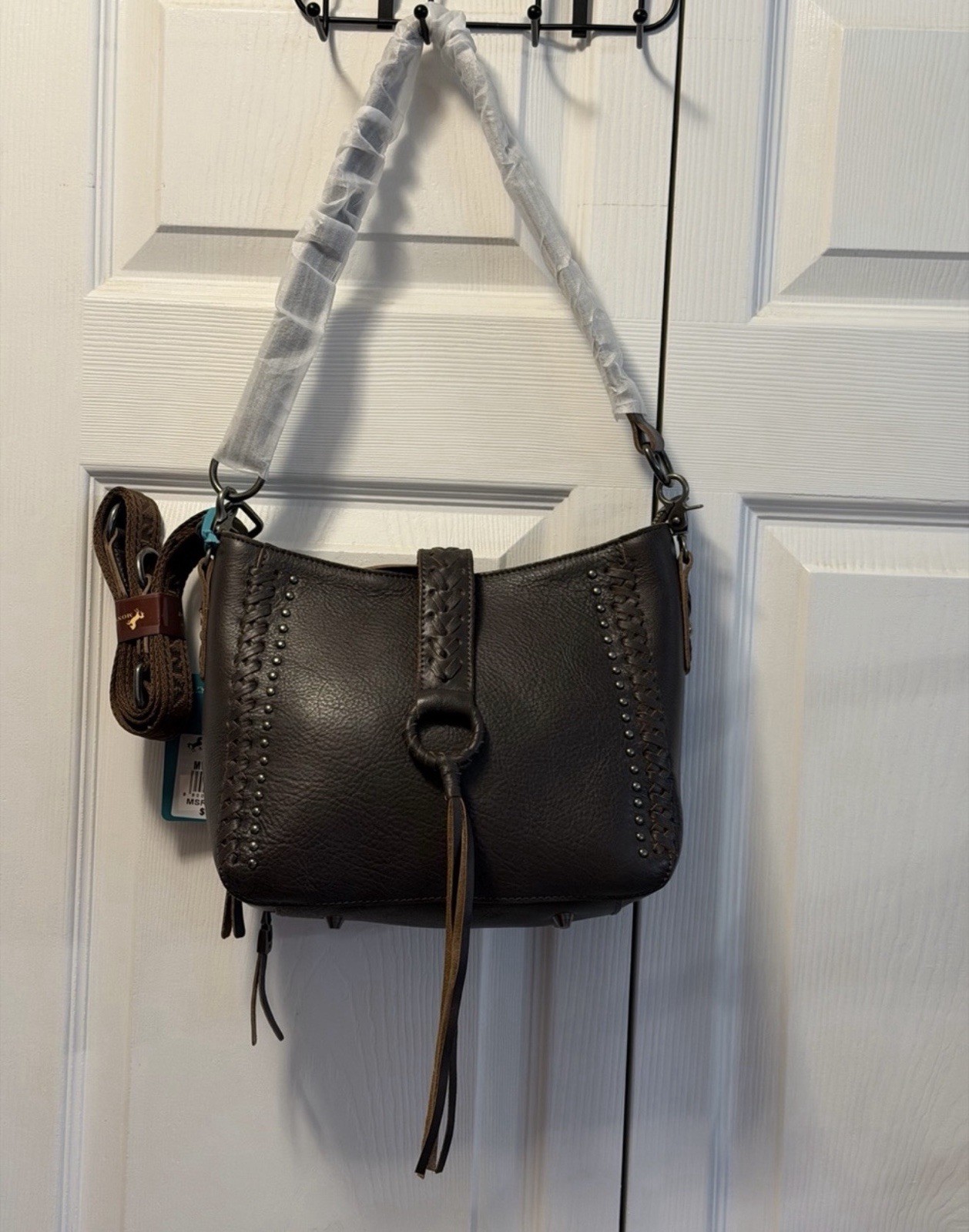 Montana West West Select Brown Genuine Leather Shoulder Bag Zip Studded Fringe