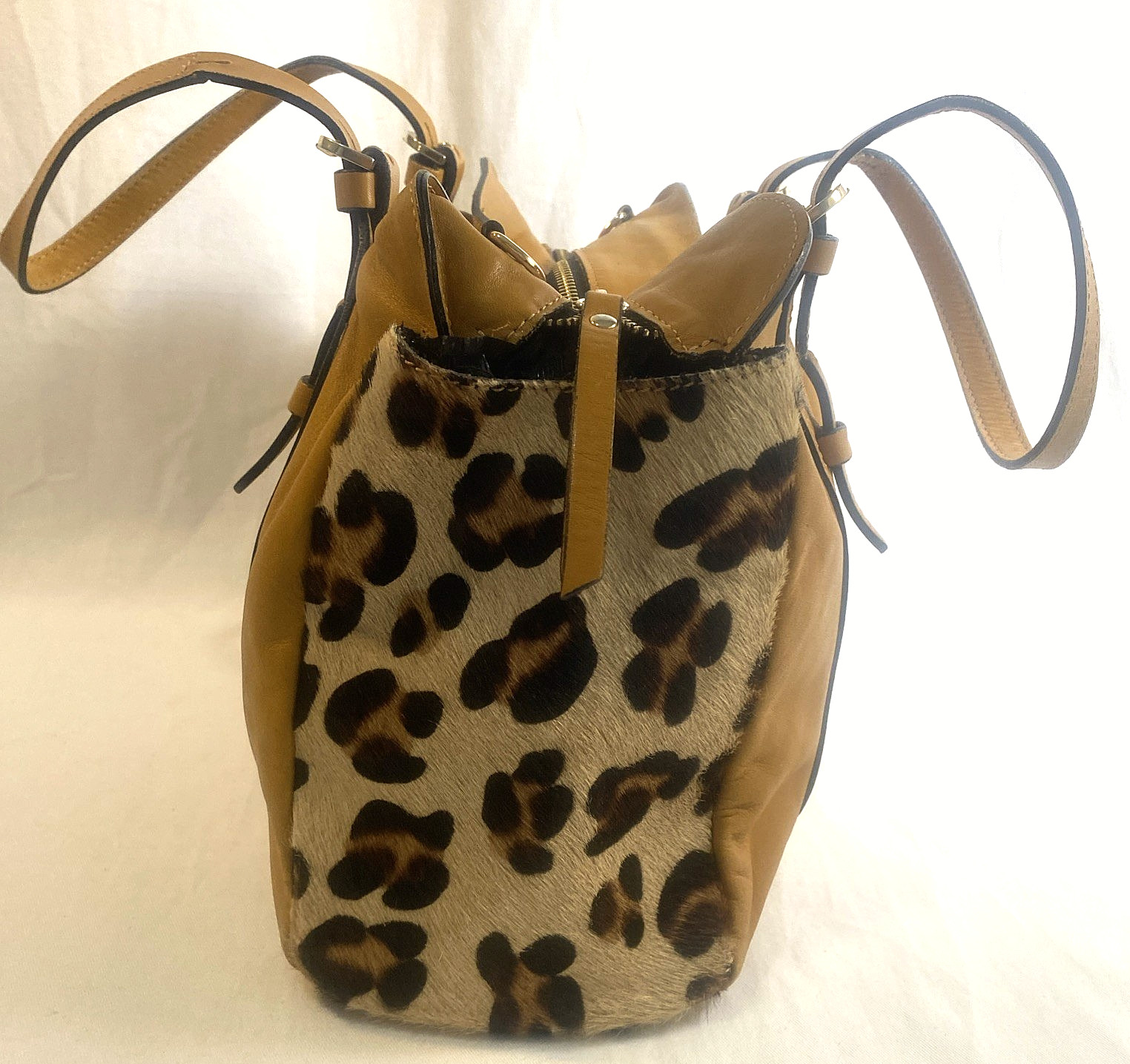 A Bellucci Handbags Leather & Pony Hair Satchel Golden Honey Brown Double Handle