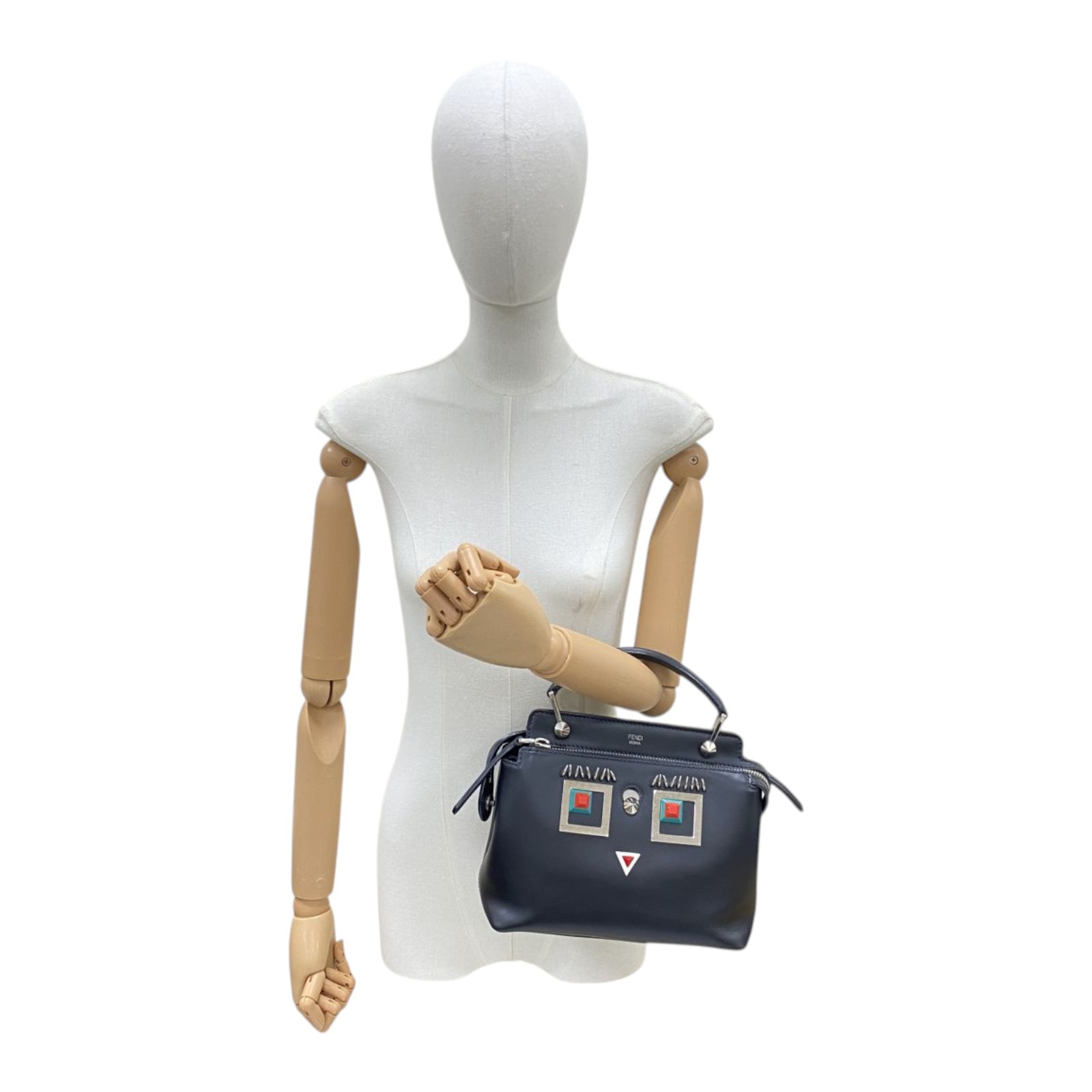 FENDI Dot Com Click Faces Shoulder Handbag Calfskin Black 8BN299