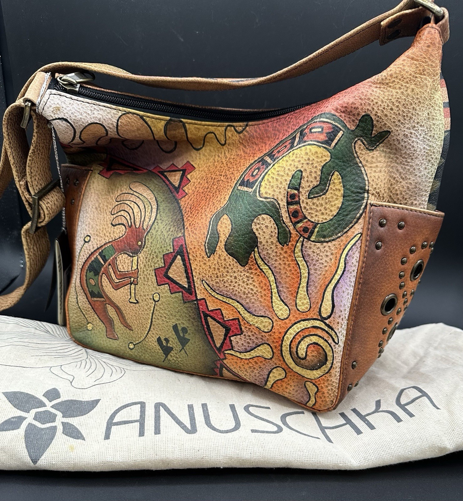 NEW Anuschka Vintage Southwest Cactus hand-painted leather shoulder crossbody.
