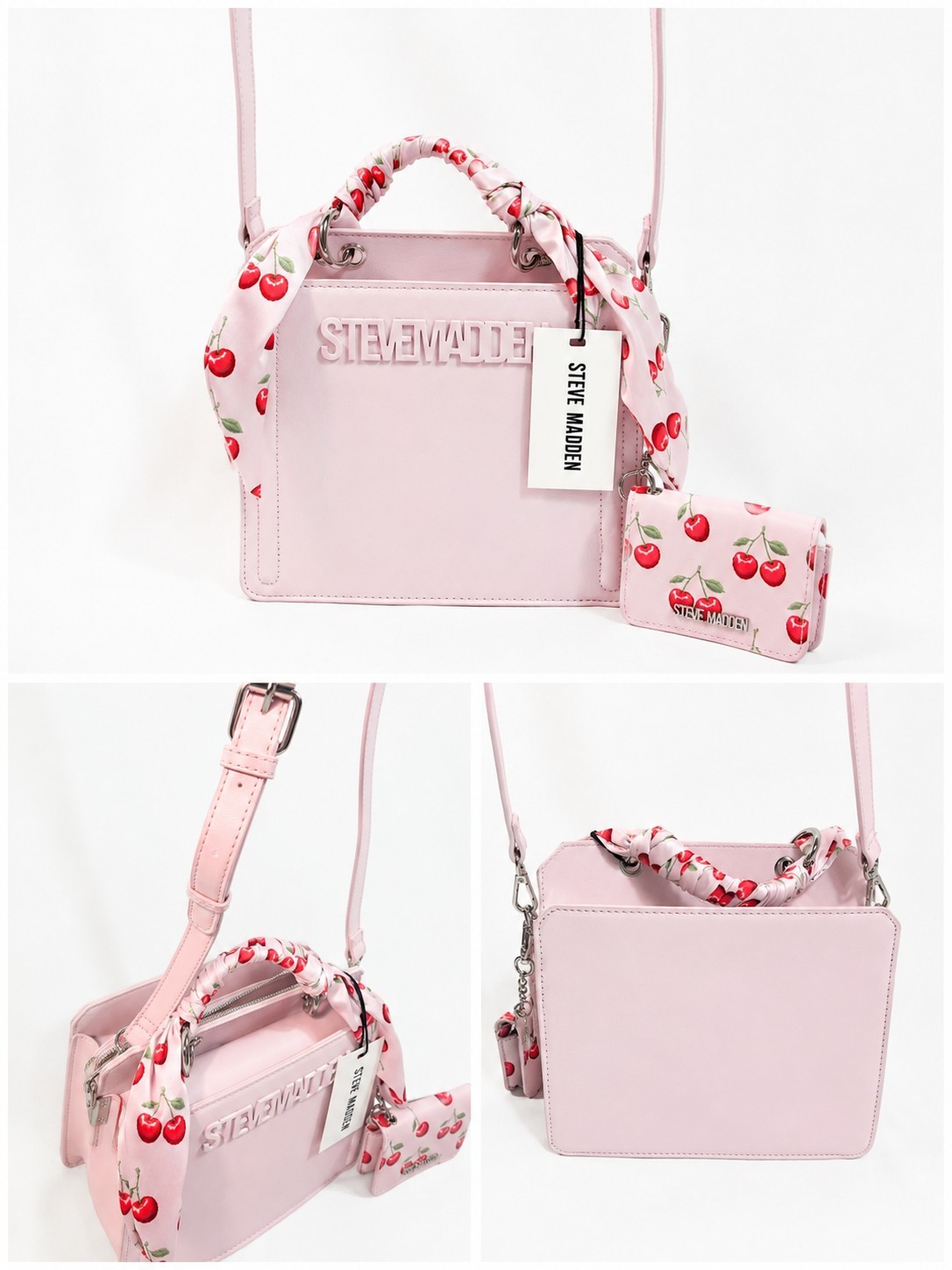 Steve Madden Bevelyn Scarf Pink Red Cherries Satchel Crossbody Bag Mini Wallet