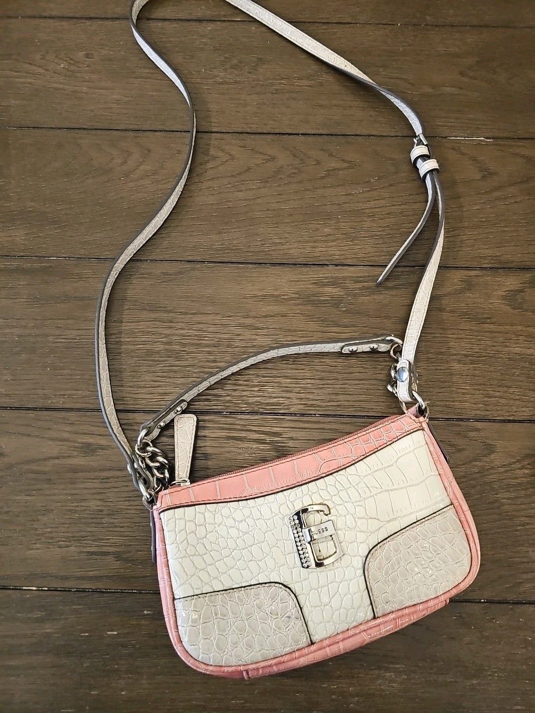 Guess Pink & beige Crossbody Purse Croc Skin Y2K Bling Logo