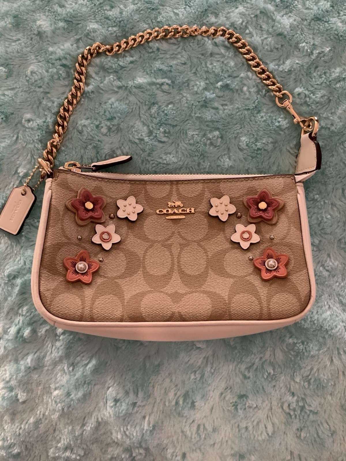 Coach Signature Floral Applique Zip Shoulder Bag Chain Strap Charm Khaki Pink
