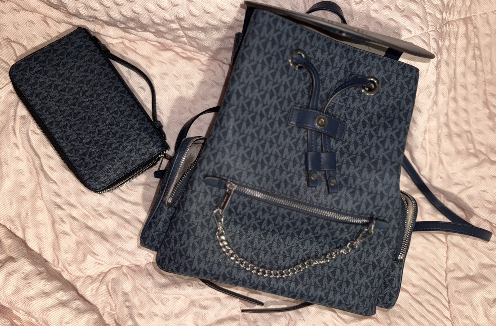 Michael Kors Large Abbey Backpack Admiral Womens Blue MK Navy Trifold Wallet