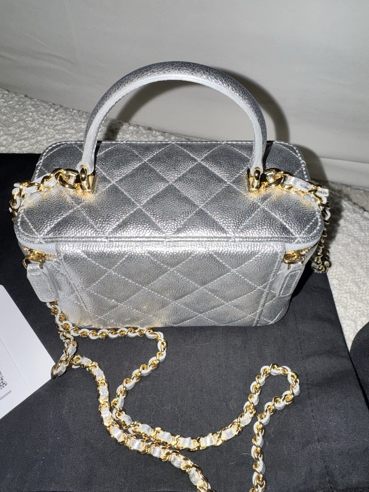 Chanel 26A long chain vanity in silver Caviar gold tone metal