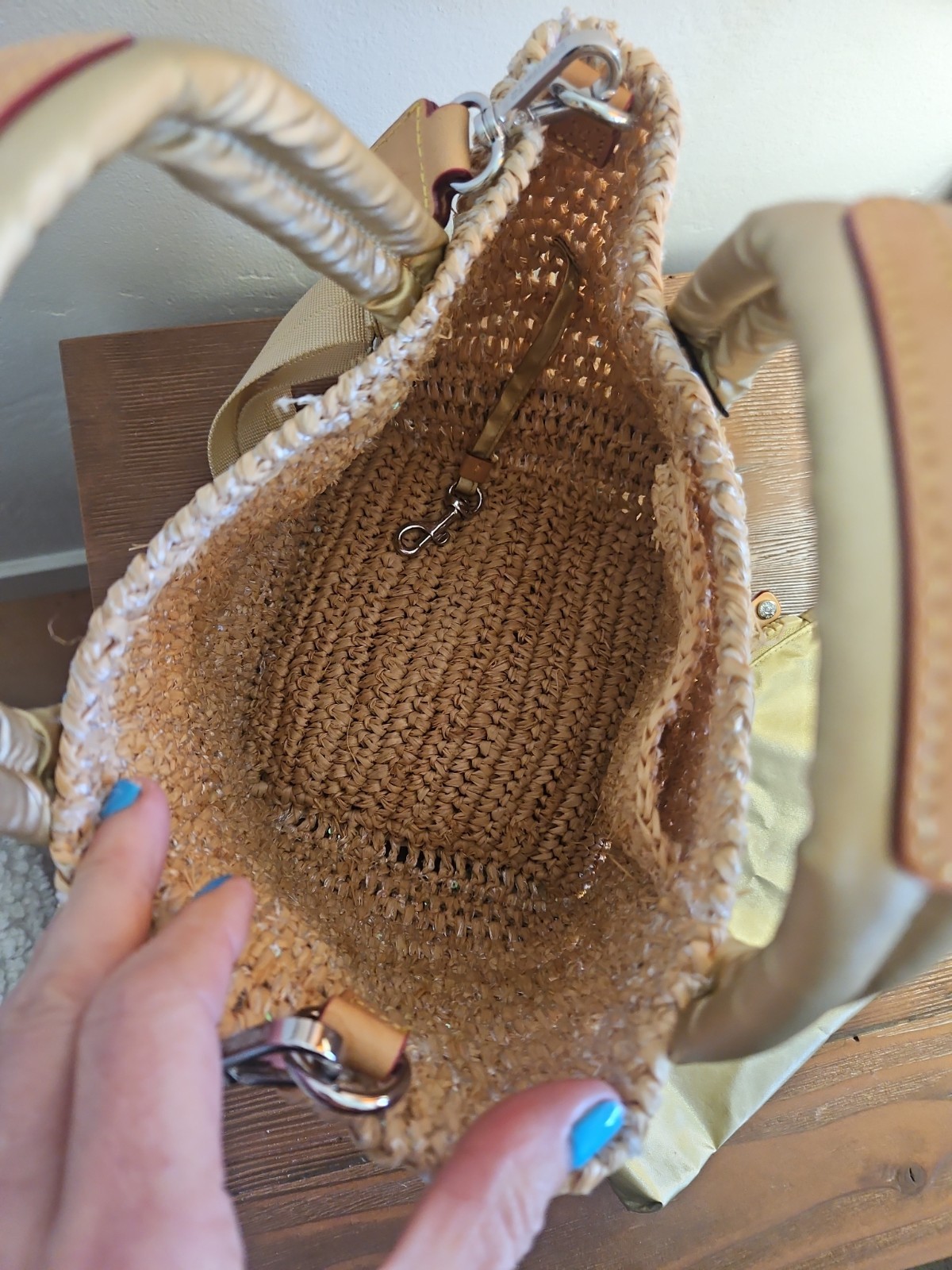 MZ Wallace Crochet Raffia Mini Crossbody Tote Gold