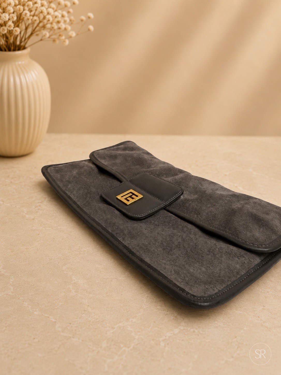VTG Pierre Balmain Gray Suede Leather Clutch Bag Gold Logo Hardware France 1970s