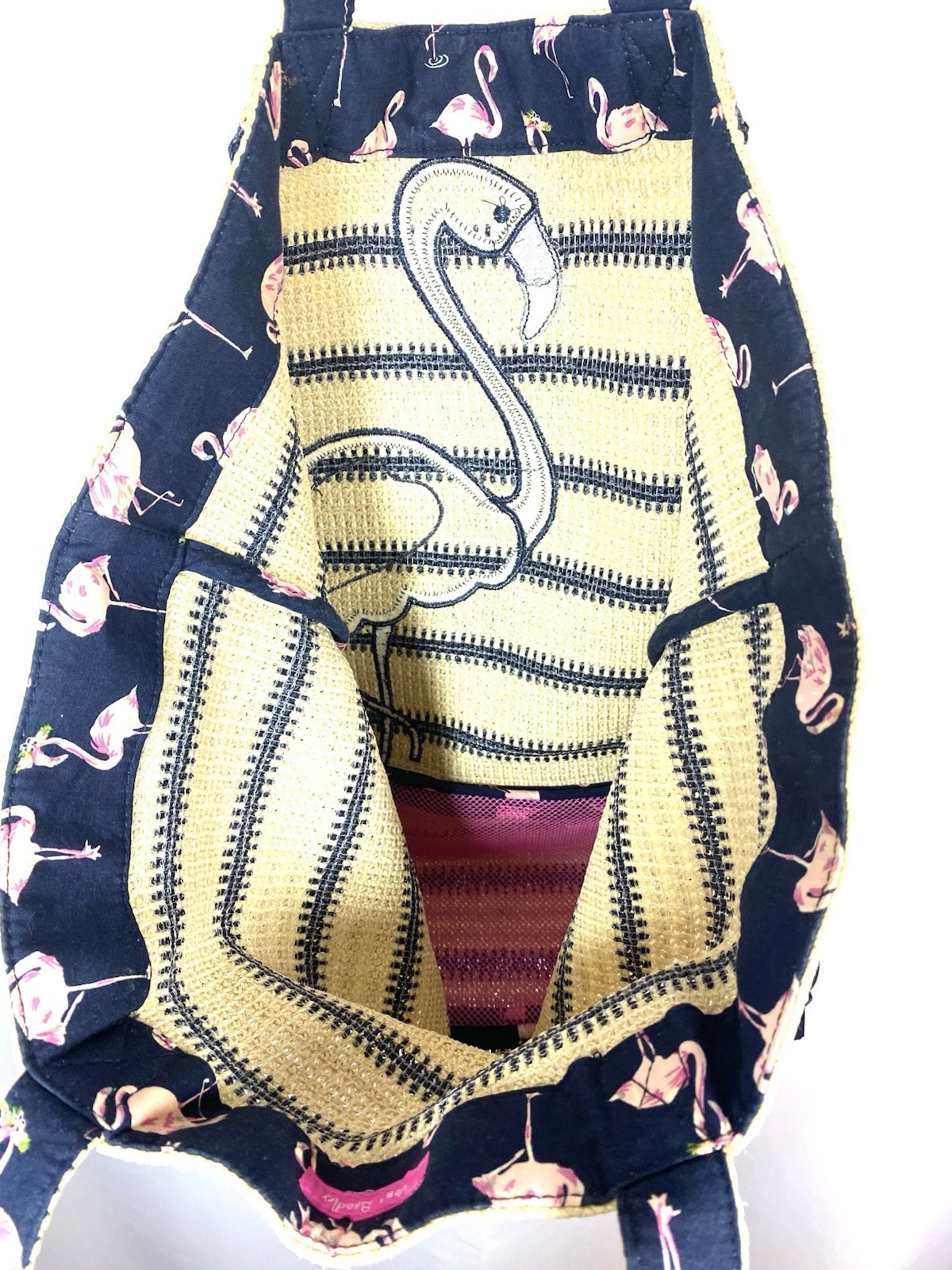 VERA BRADLEY Flamingo Fiesta Seashore Beach Bag Straw Tote w/ Zippered Bottom