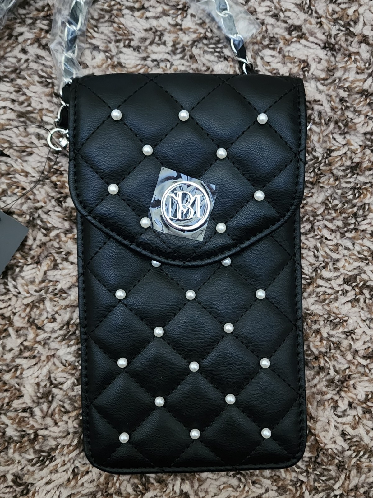 Badgley Mischka Black Bag Phone Case Purse w/ Diamond Quilting & Pearls NWT