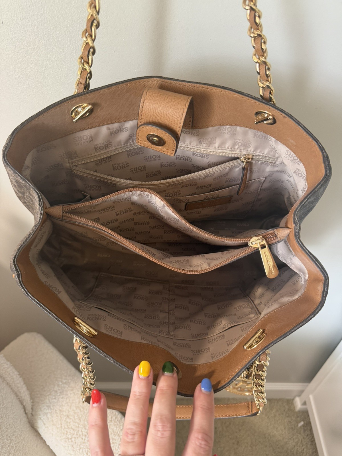 Michael Kors Monogram Tote Bag Brown Chain Gold Hardware Charm Multi Pocket