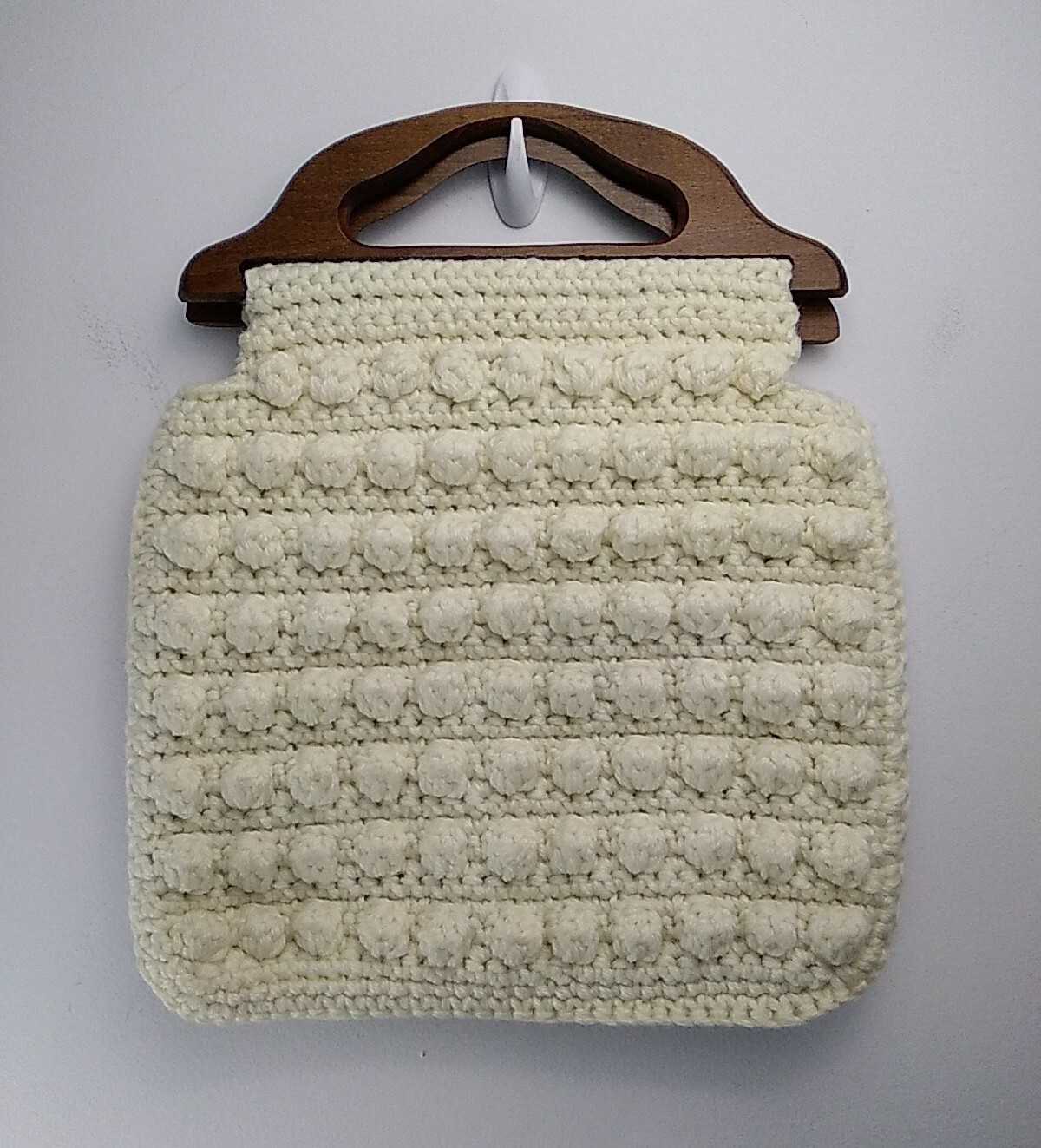 Homemade Boho Ivory Hand Crochet Clutch Wooden Handle Lined with Quilting Fabric