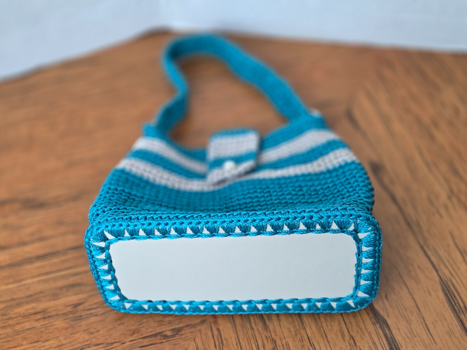 Handmade Mini Crochet Purse Turquoise & White Color Pearl-like Button Closure