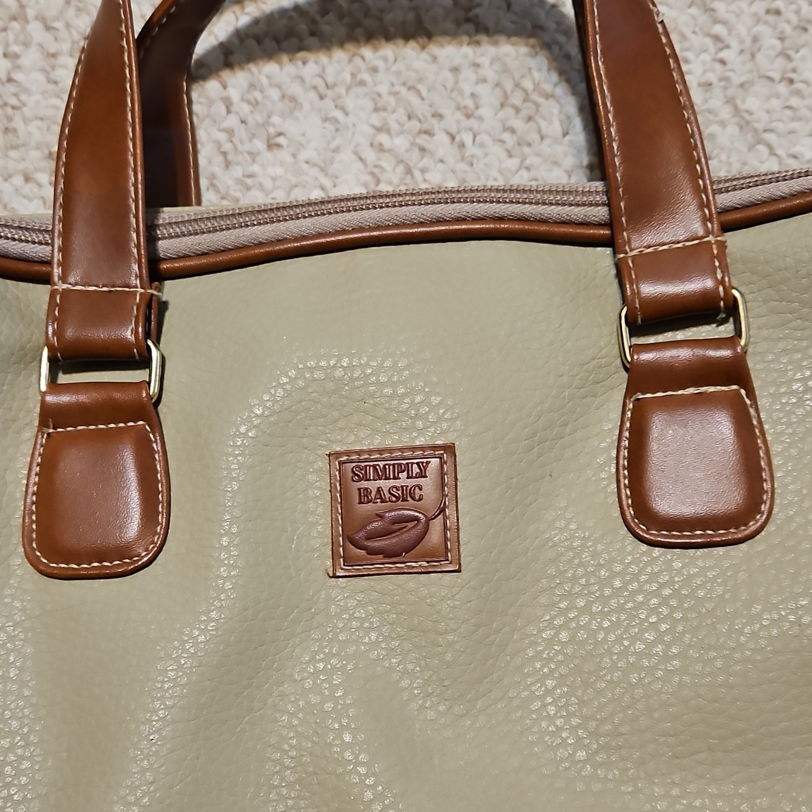 Simply Basic Beige Brown Satchel Zip Closure Zipper Accent Gold Hardware