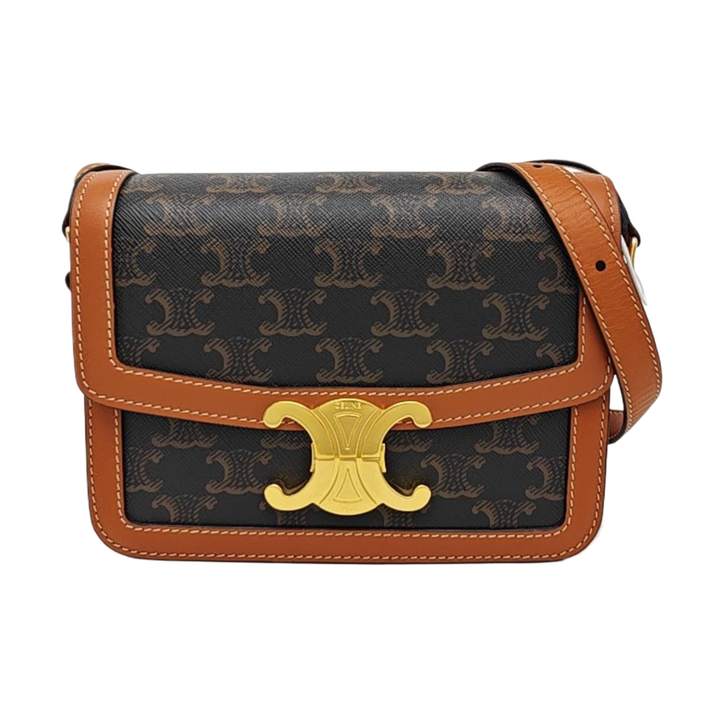 CELINE Small Triomphe Monogram Coated Canvas Shoulder Bag Brown