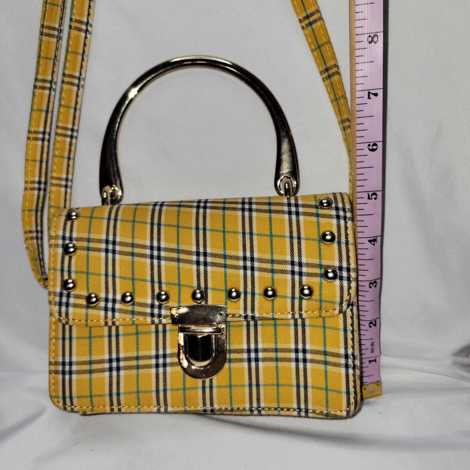 Women Girls Yellow Plaid Crossbody Handbag Oliver Miller gold studs Y2K