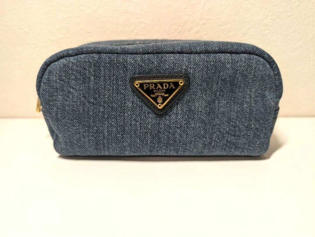 Authentic Prada Triangle Logo Plate Denim Blue Cosmetic Pouch Excellent Conditio
