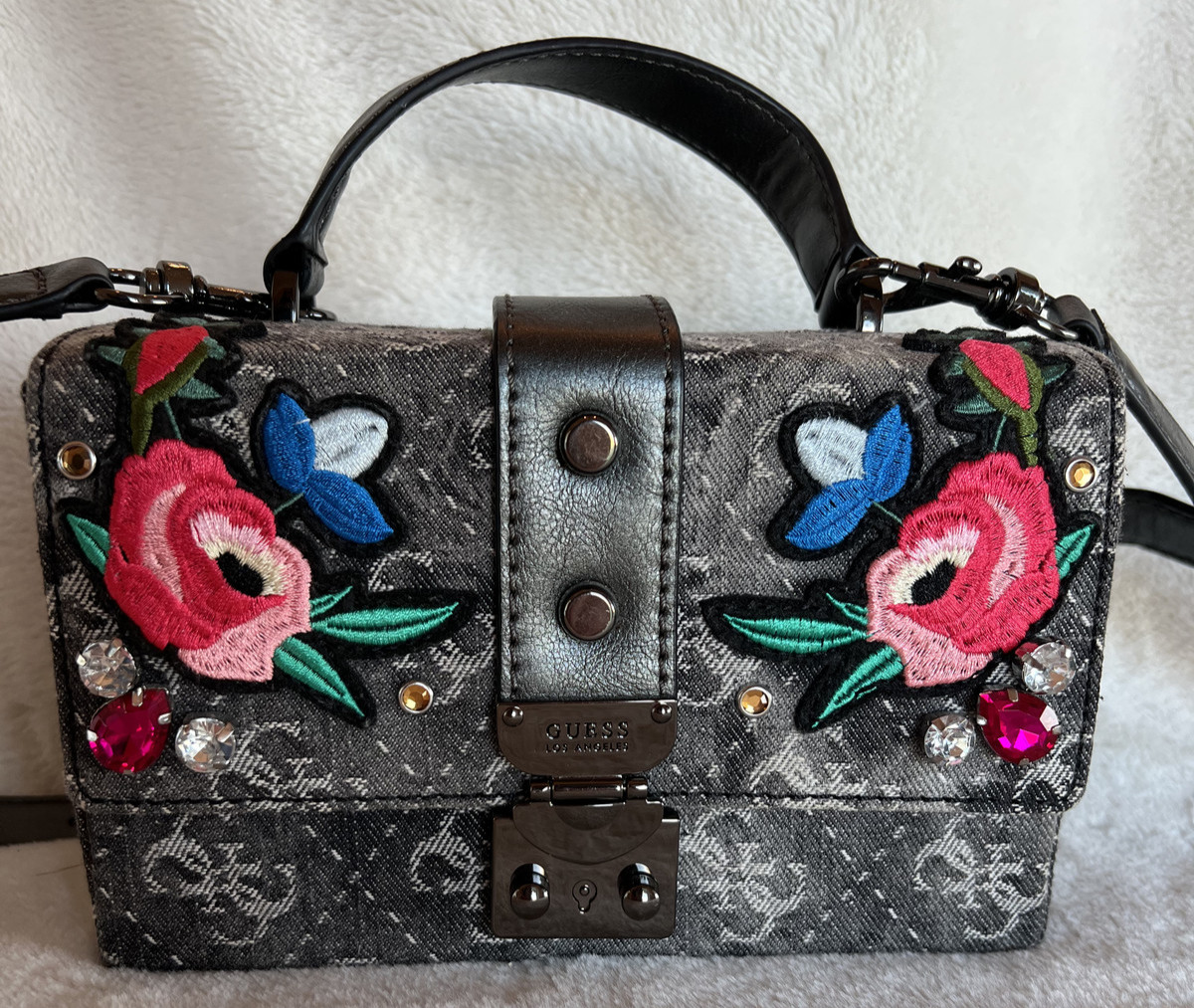 GUESS Badlands Black Denim Trunk Y2K Style Box Crossbody w Floral Patches & Gems