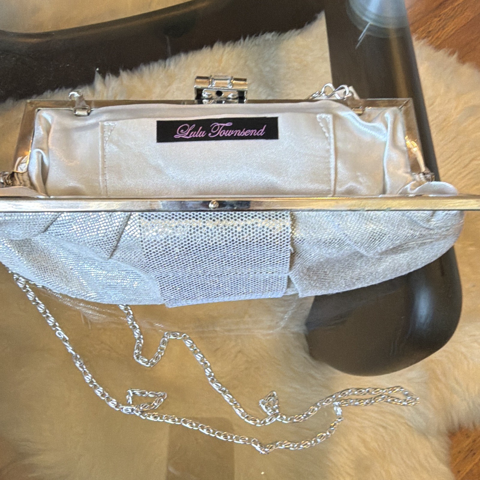 Lulu Townsend Silver Metallic Clutch Pleated Clasp w/ Detachable Chain Strap