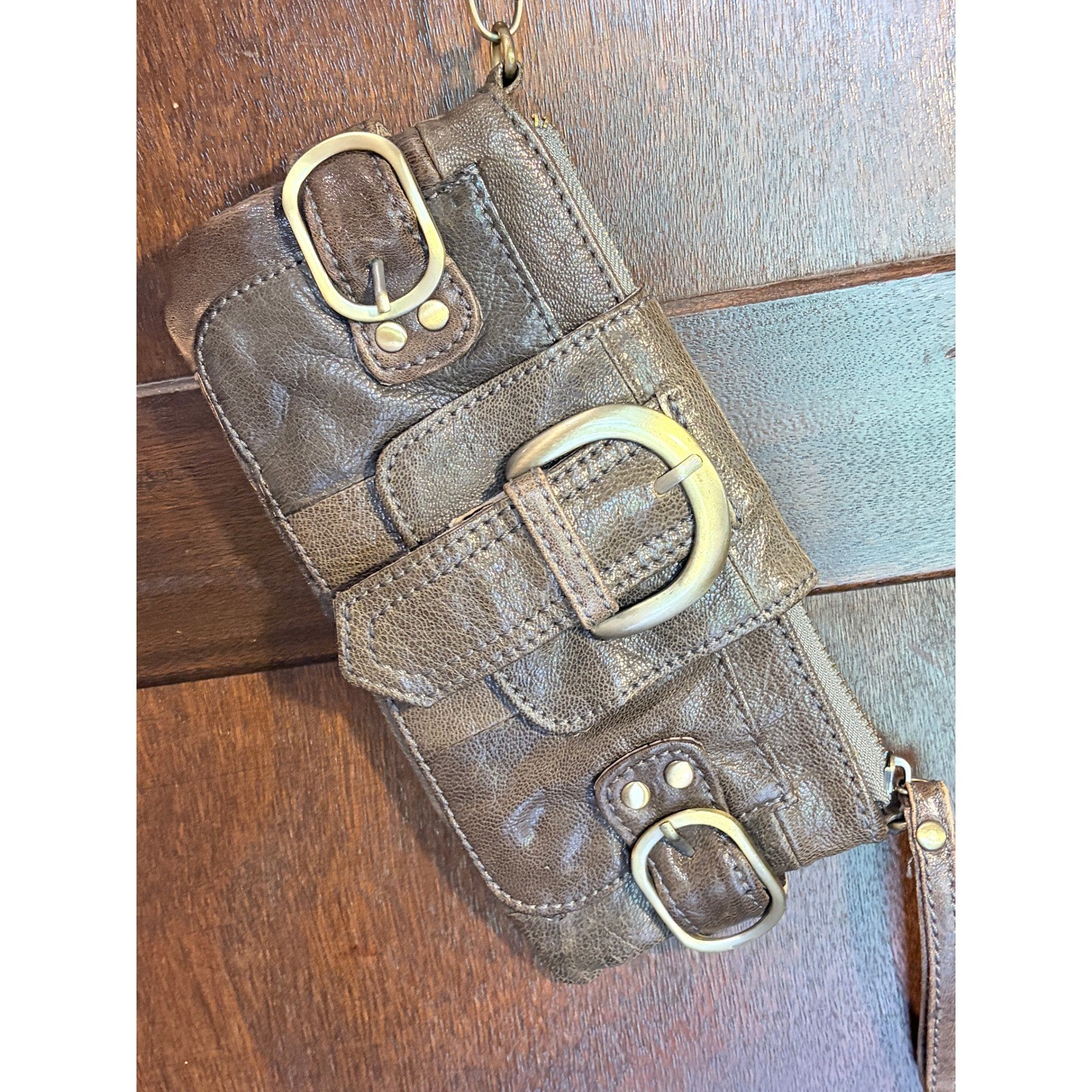 Vi Vi Taupe Brown Leather Triple Buckle Wristlet Clutch Bag Moto Western Edgy