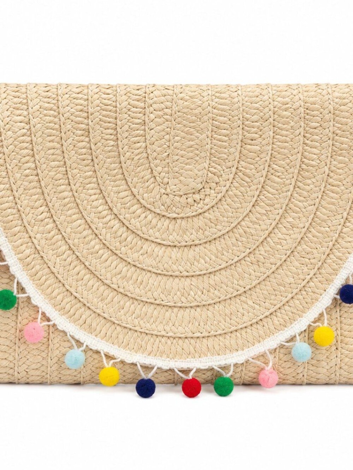 Boho Straw Clutch with Colorful Pom Pom Trim Beach Vacation Bag
