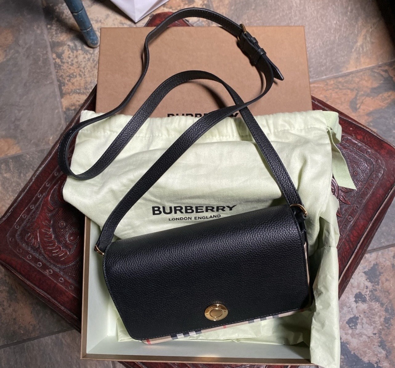 Burberry Black Beige Check Shoulder Bag Gold Hardware Buckle Closure Dust Bag