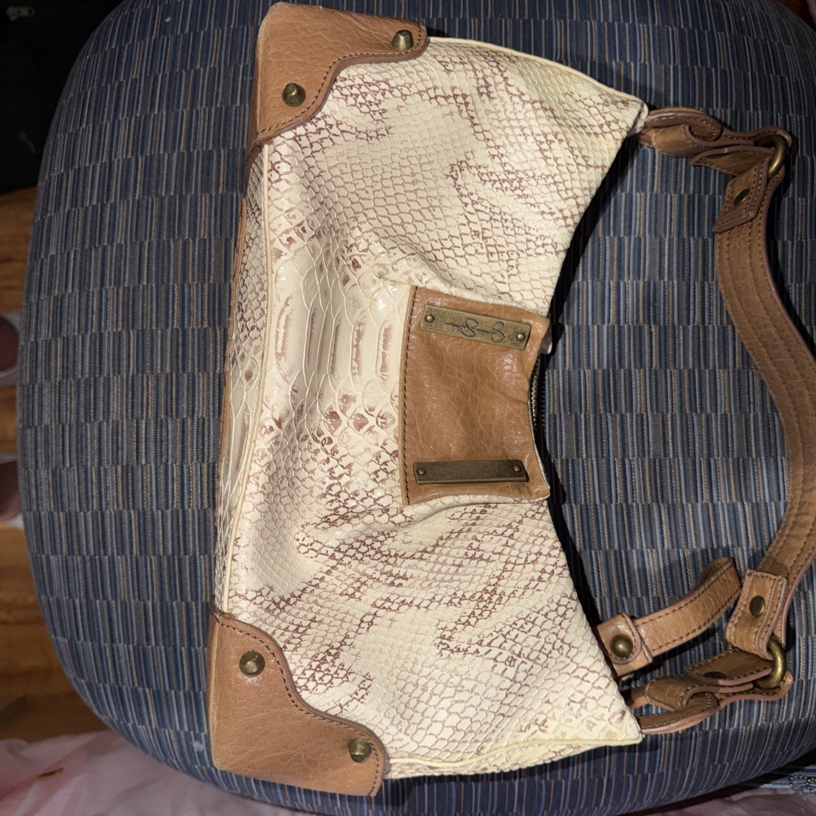 Jessica Simpson Cream & Brown SnakeSkin With Embroidered Emblem Shoulder Bag