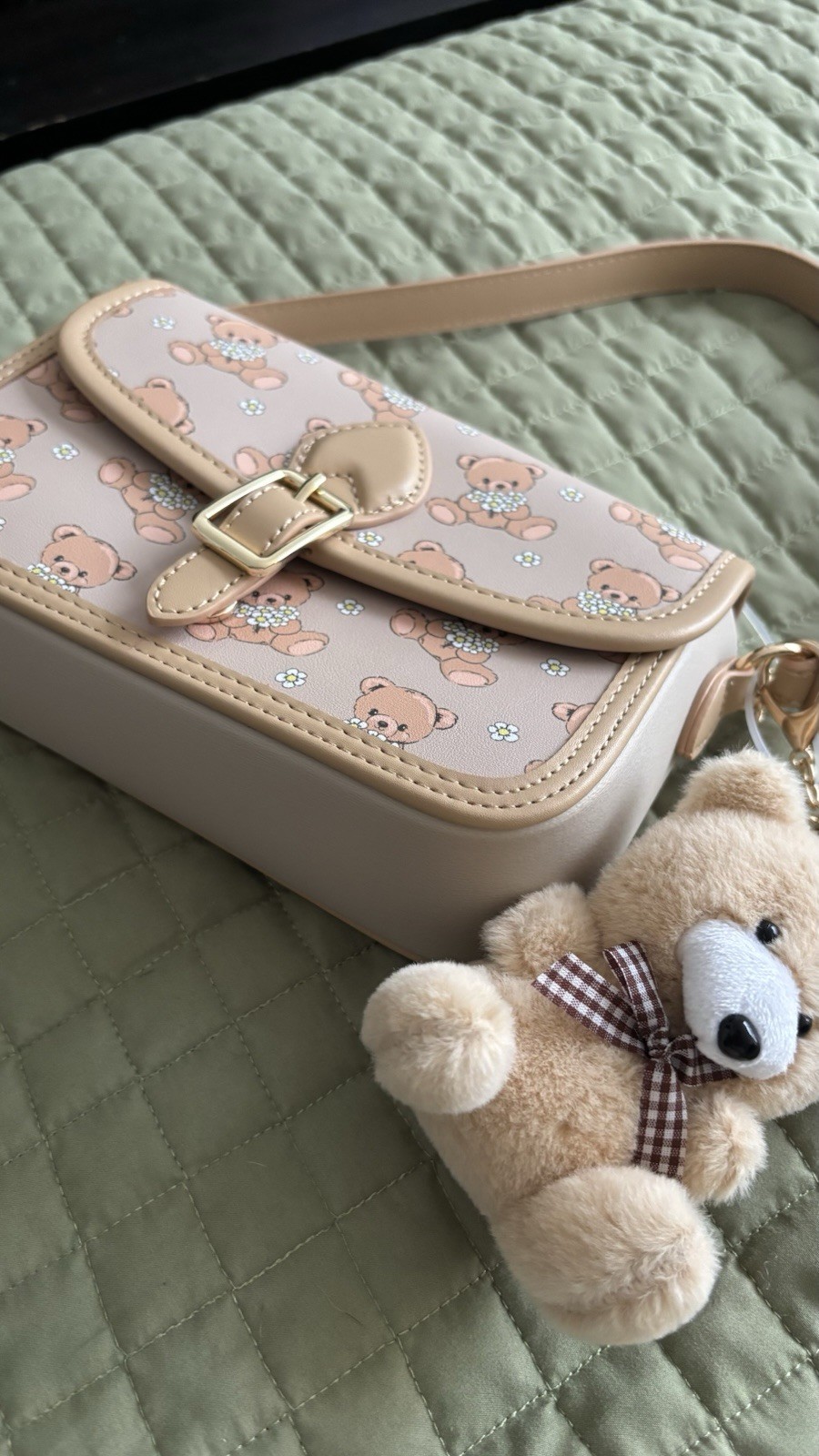 Pink Teddy Bear Print Flap Crossbody Bag Buckle Closure Plush Bear Charm
