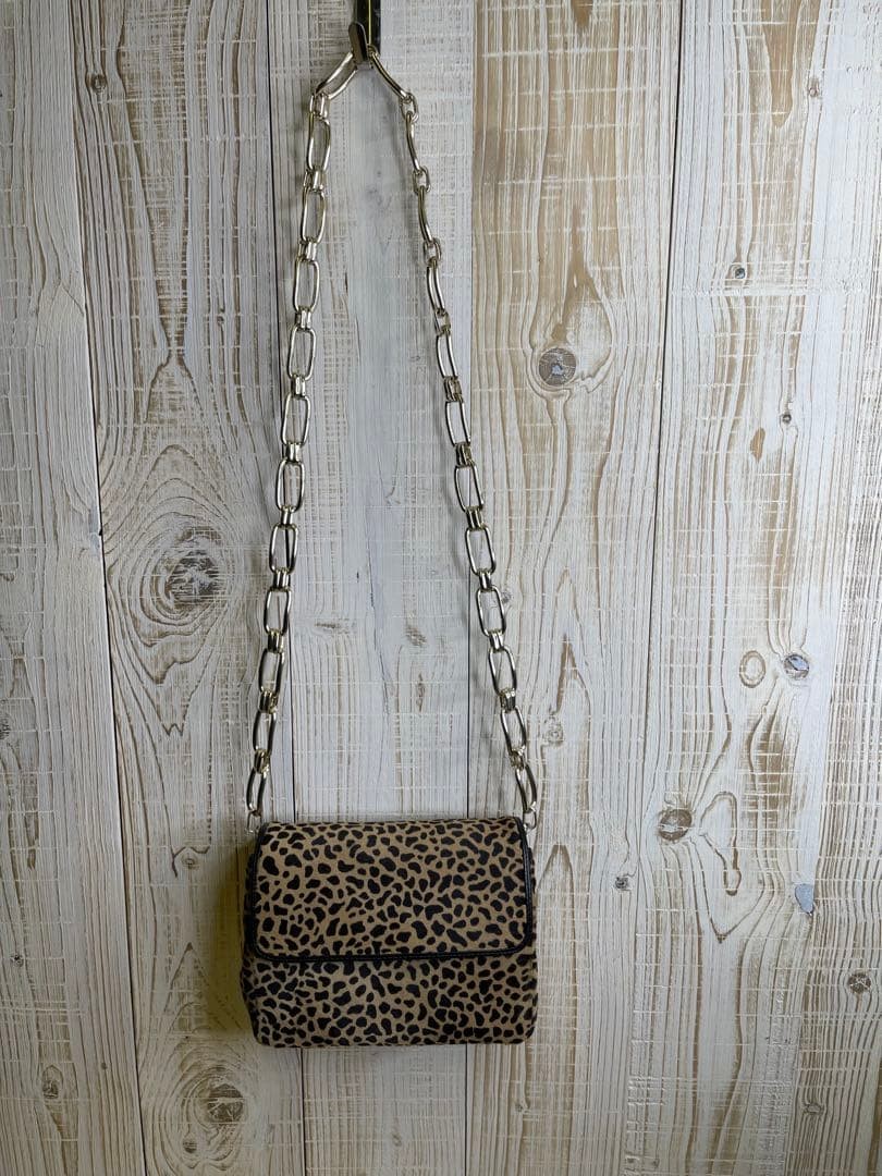Genny Leopard Chain Shoulder Bag Purse Calf Hair Beige Black USED Good Condition