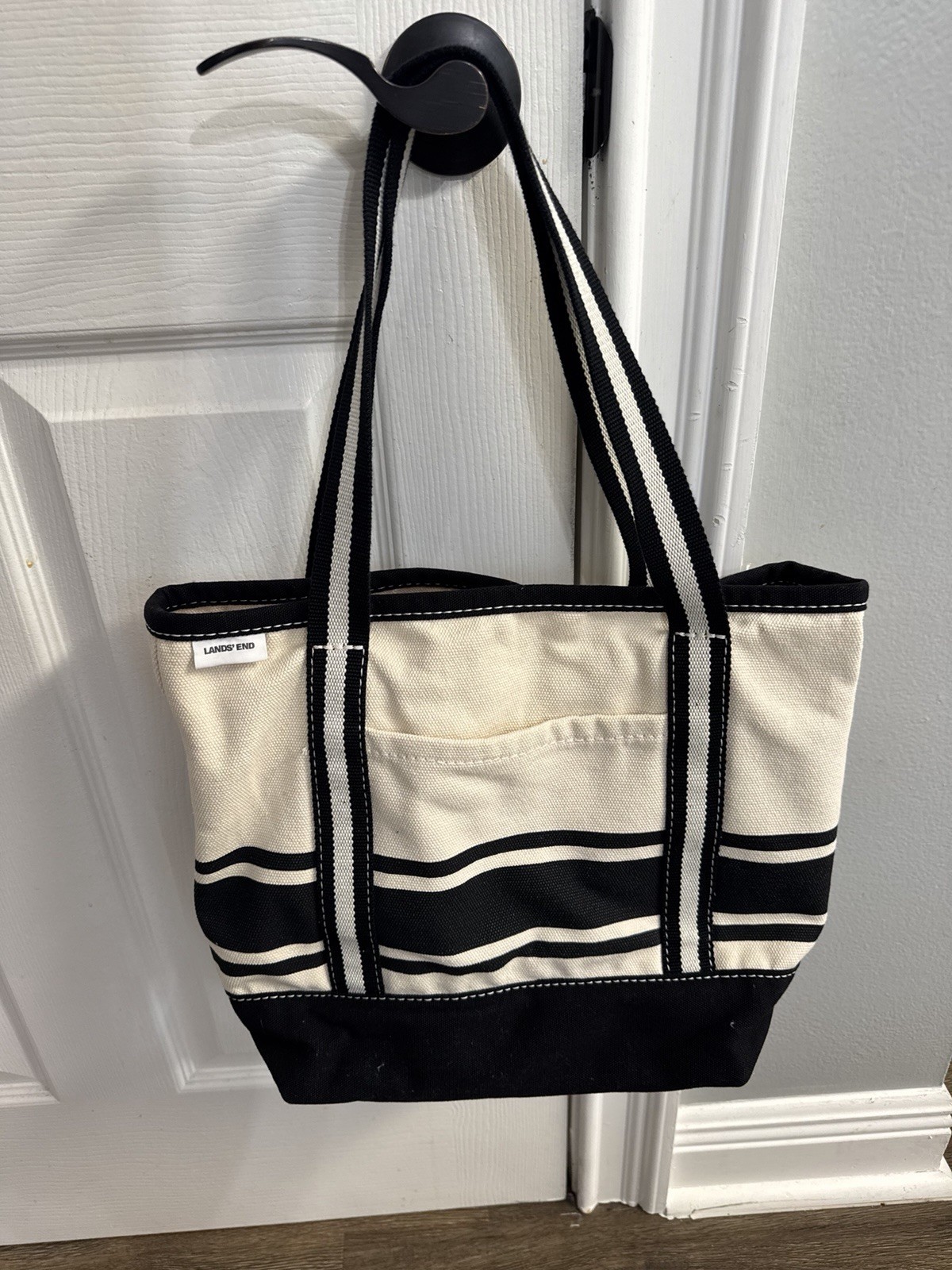 Lands End Tote Bag Medium Open Top Canvas Black Stripe Beach Boat Pool
