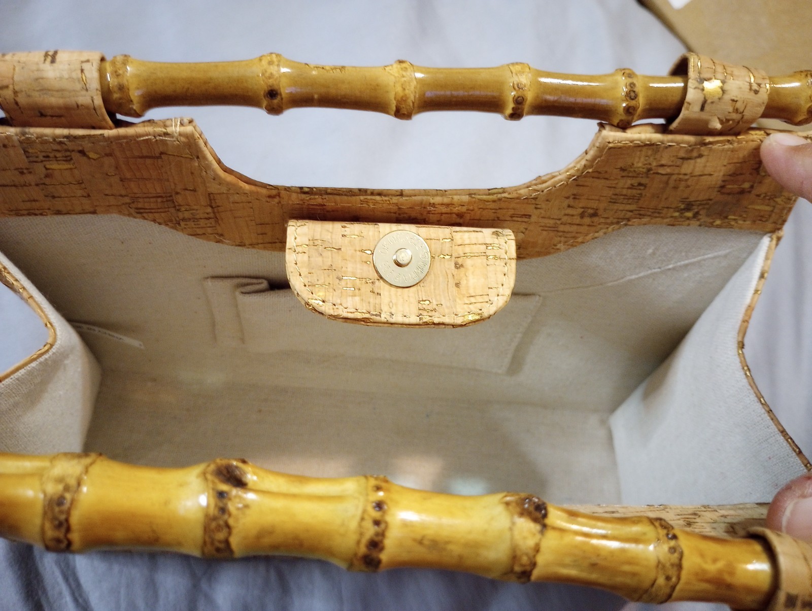 Cork Handbag Gold Accent Bamboo Handle Satchel 11 x 8 x 3.5 inch