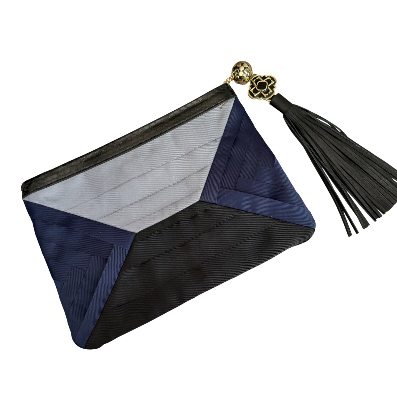 Rafe New York Ribbon Tassel Clutch Navy Grey Geometric Evening Bag Pouch