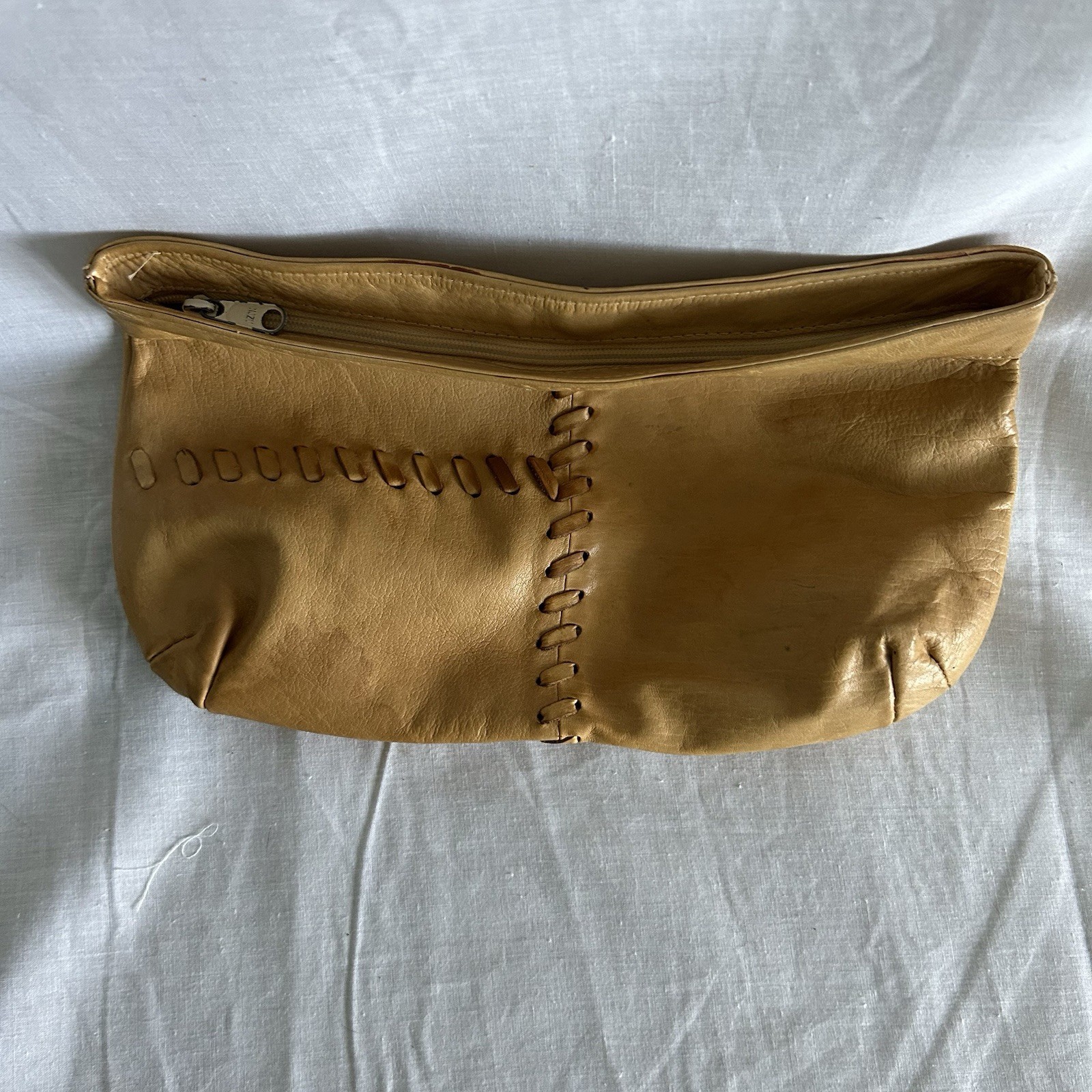 Vintage Caramel Tan Leather Clutch Bag Purse Zip Whipstitching Super Soft