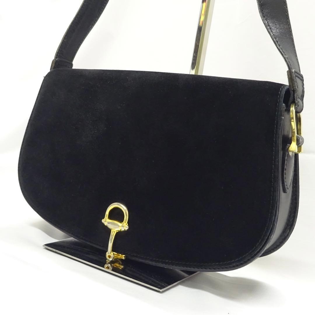 GUCCI Horsebit Vintage Shoulder Bag Black Suede Leather Used Unisex From A1566