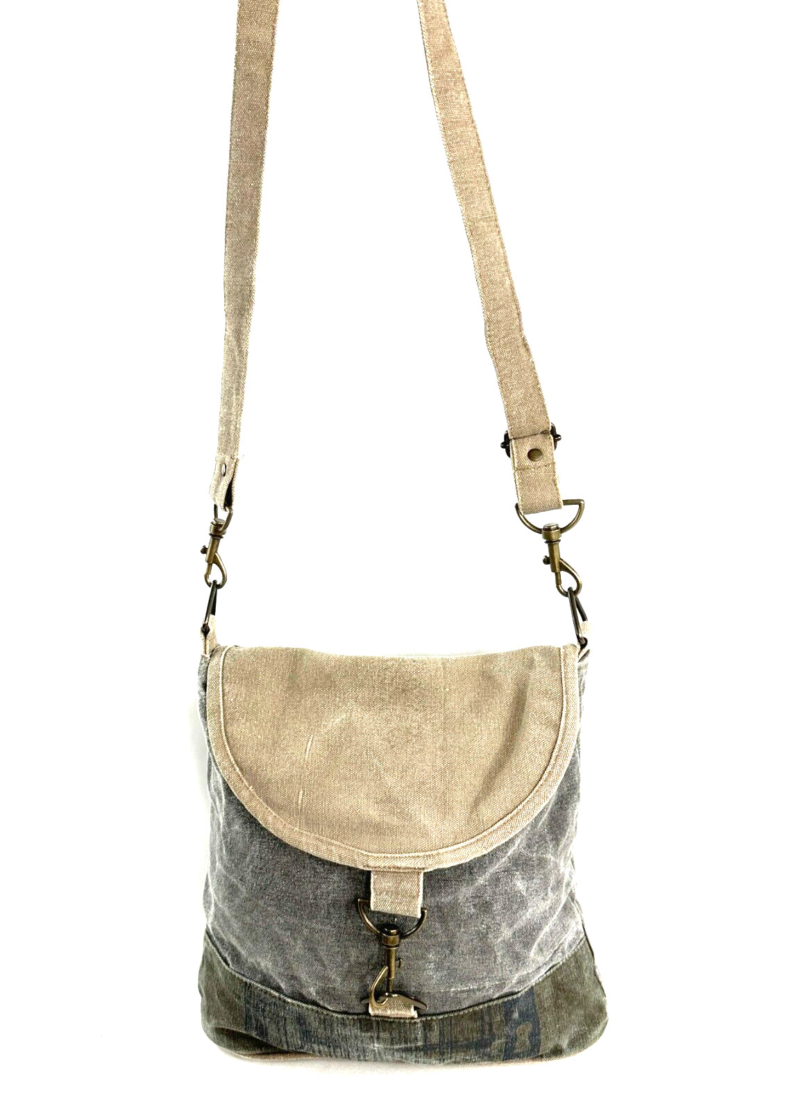 Mona B Taupe Gray Canvas Leather Medium Shoulder Bag Purse Flap Latch Recycled
