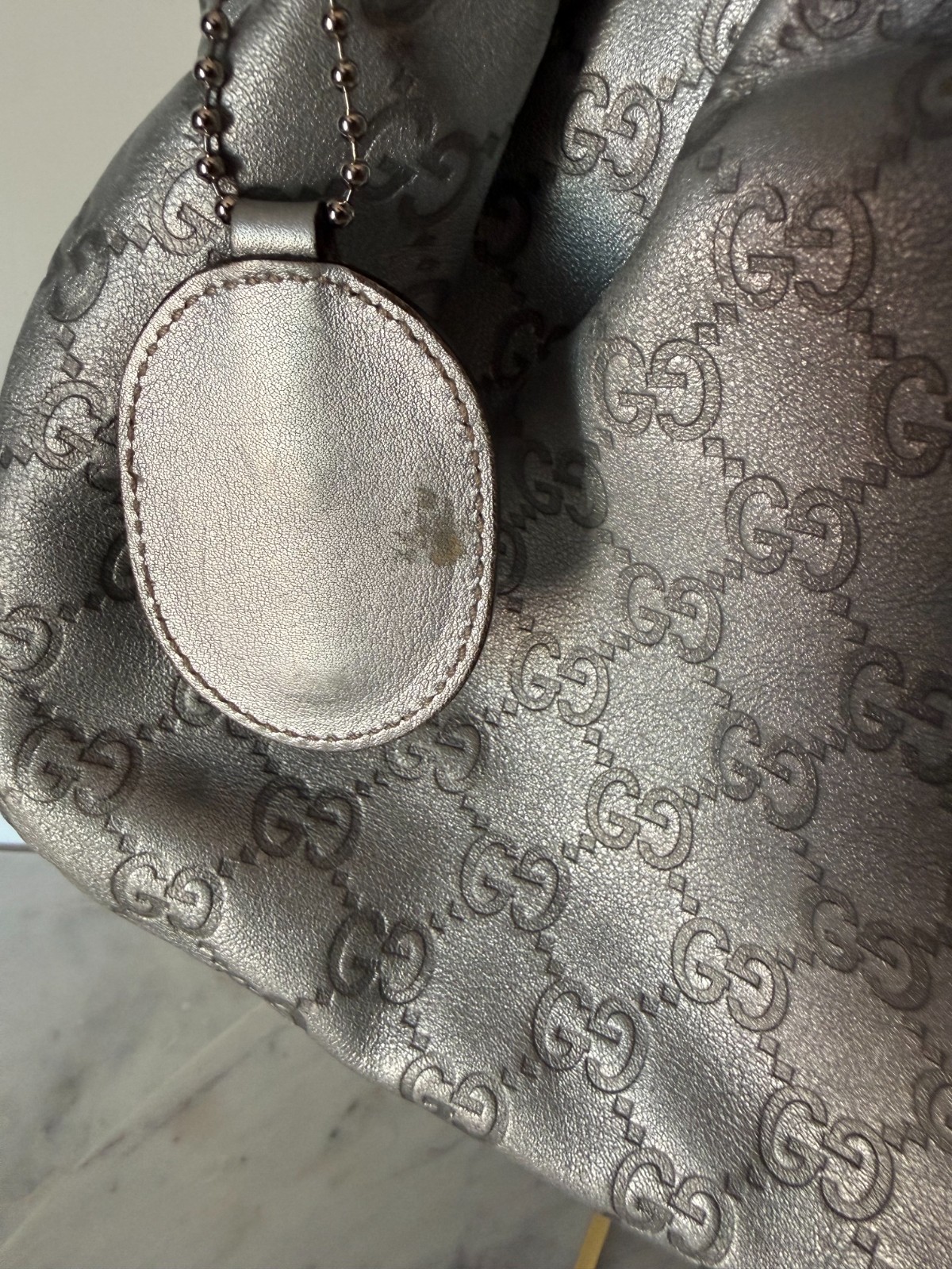 Gucci Guccissima Sukey Tote Metallic Silver Leather Shoulder Bag 211944