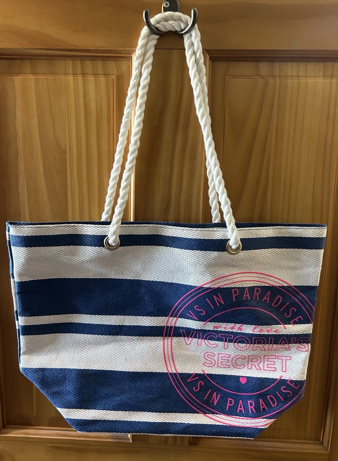 Victoria’s Secret Tote Bag Handbag Blue & White Stripes Nautical Rope Beach