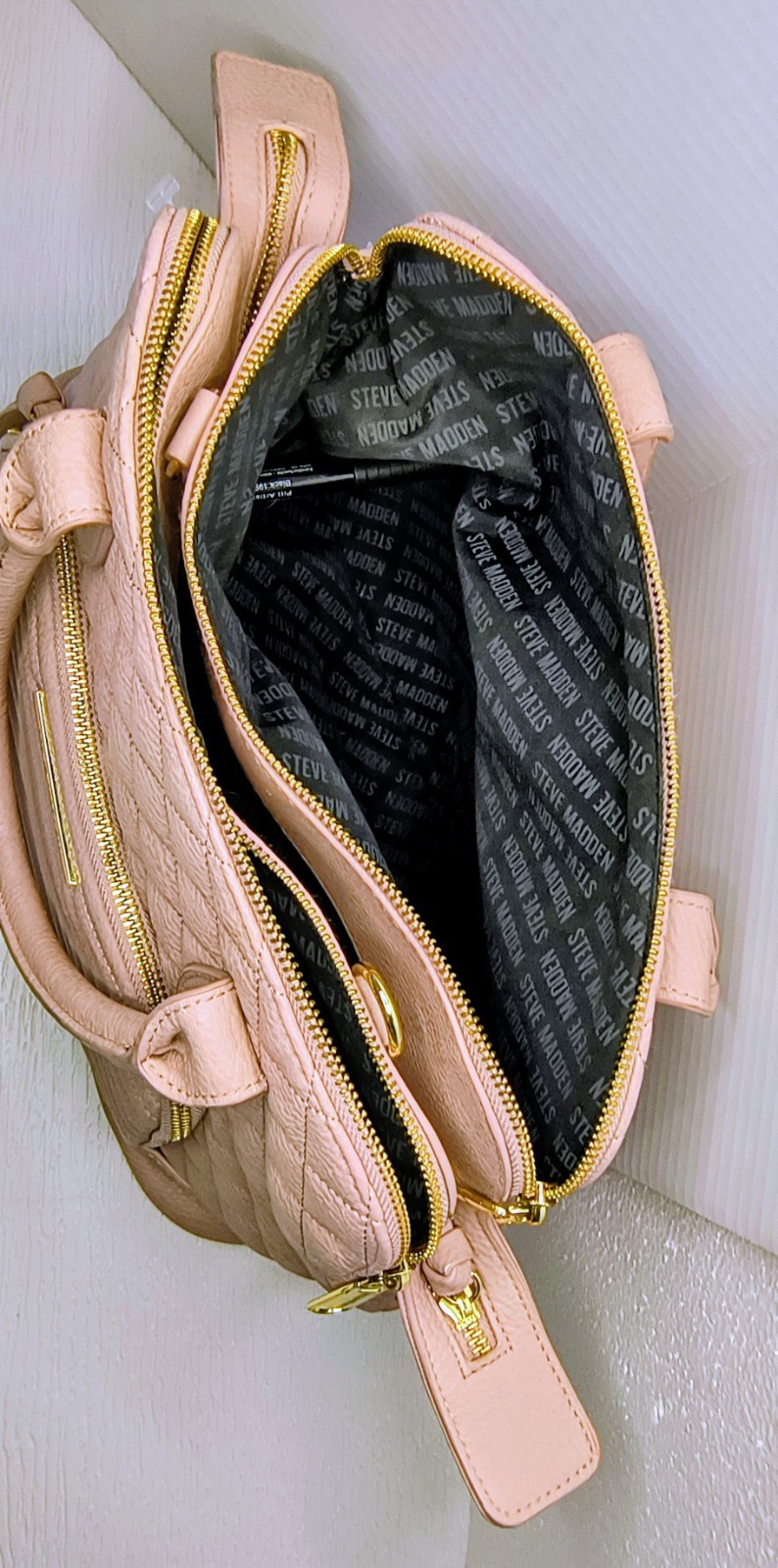 Steve Madden blush pink quilted satchel bag double handles gold hardware