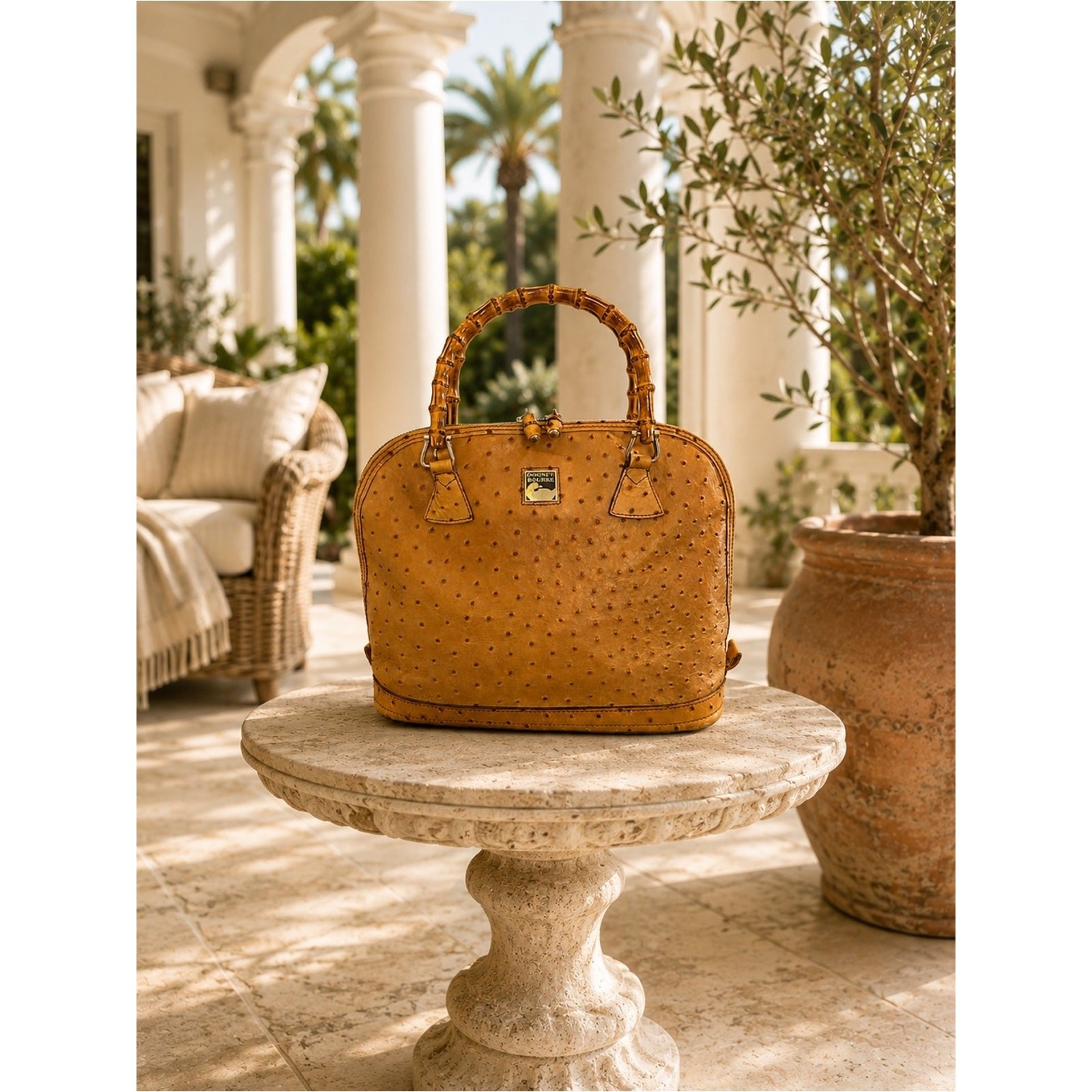 Vintage Dooney & Bourke Ostrich Embossed Bamboo Handle Satchel | Honey Tan