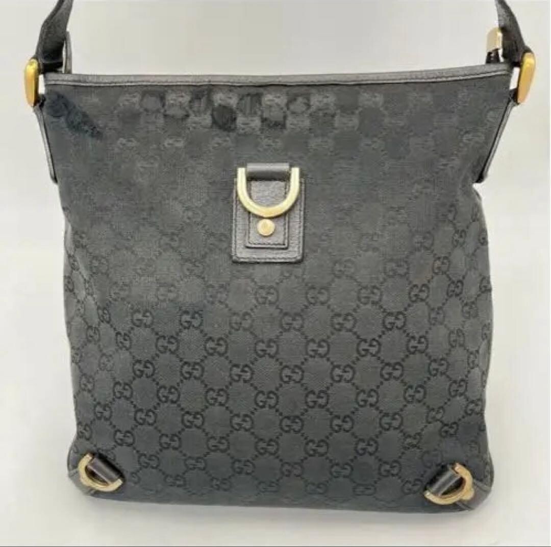 GUCCI GG Canvas Flat Shoulder Bag Black Leather Crossbody Messenger 131326 Purse