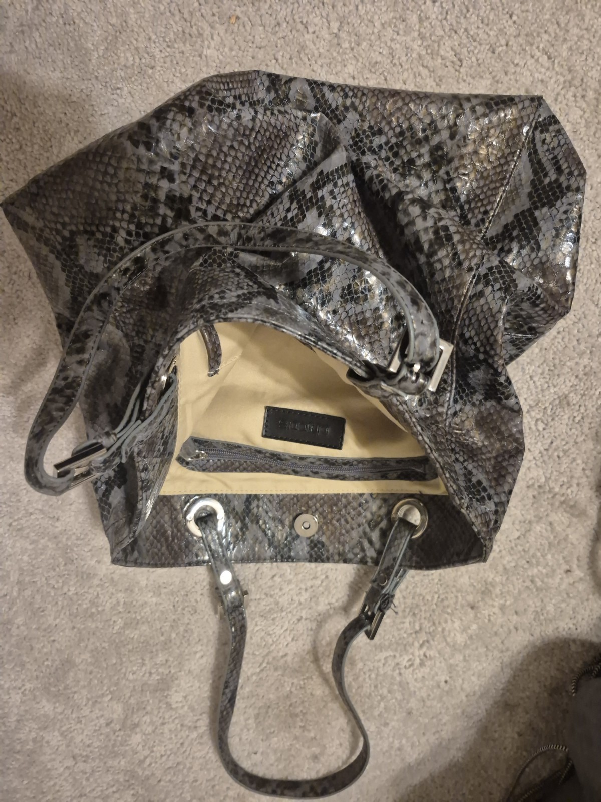 Chico’s Gray/Black Snake Print Coated Tote Bag, Magnetic Closure, Inner Pockets