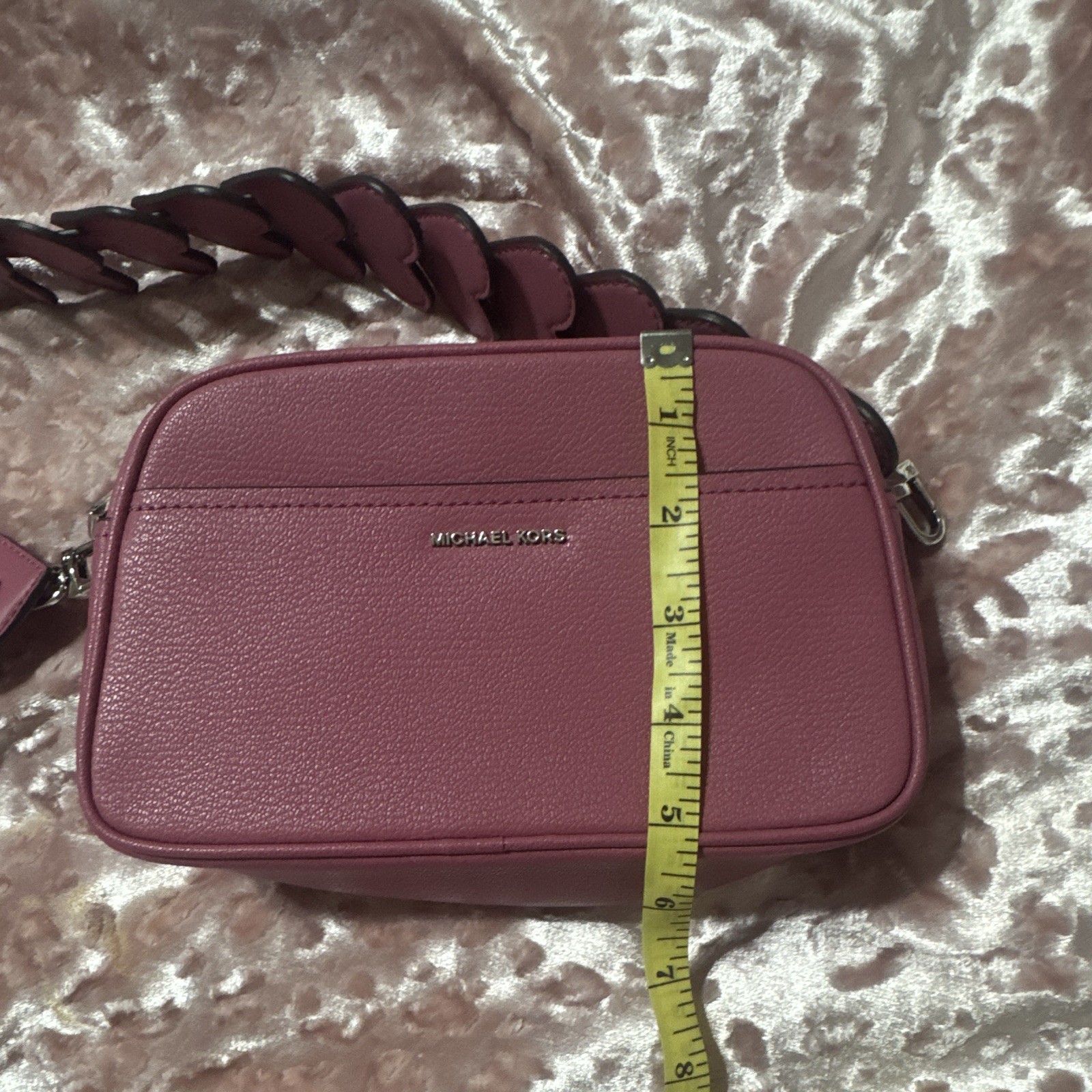 Michael Kors Pink Small Solid Rectangle Crossbody Bag Zip Heart Strap Silver